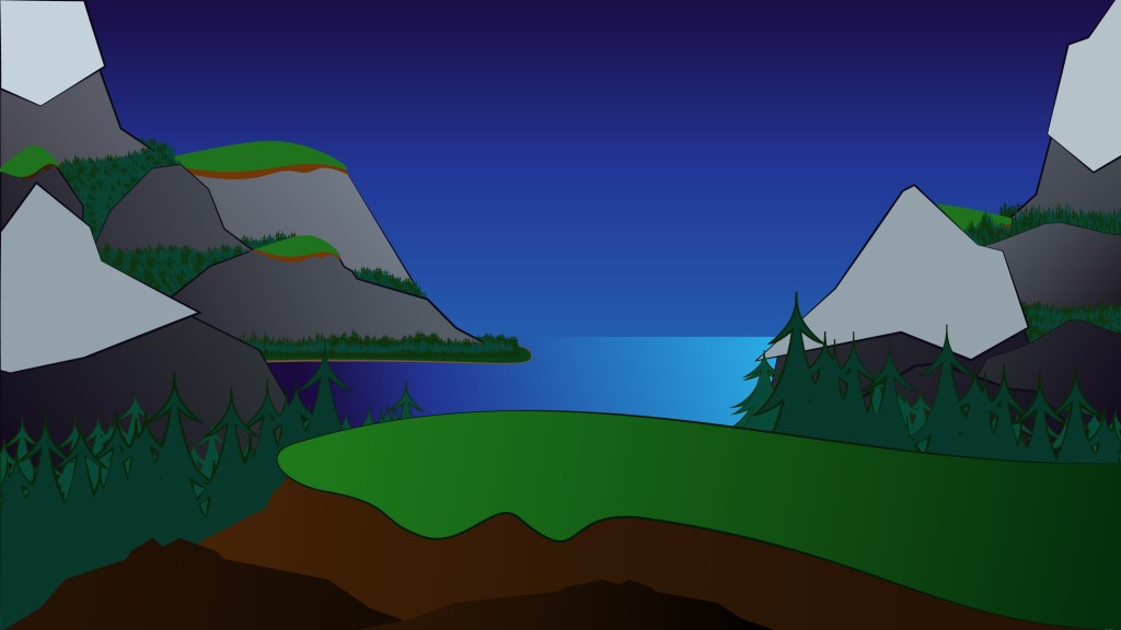 Cartoon-style background of a mountain lake scene, done in Adobe Illustrator.