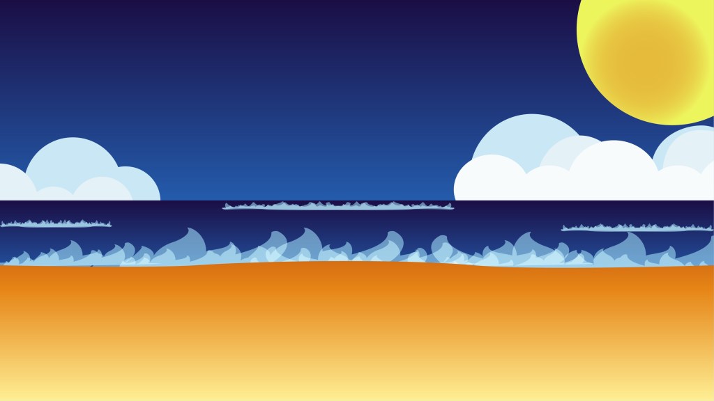 Cartoon-style background of a sunny day at the beach, done in Adobe Illustrator.