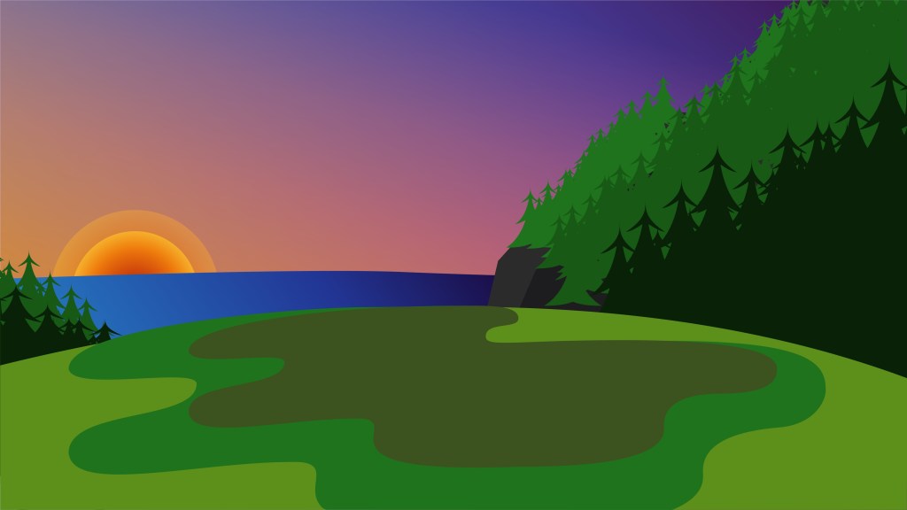 Cartoon-style background of a hilltop scene, done in Adobe Illustrator.